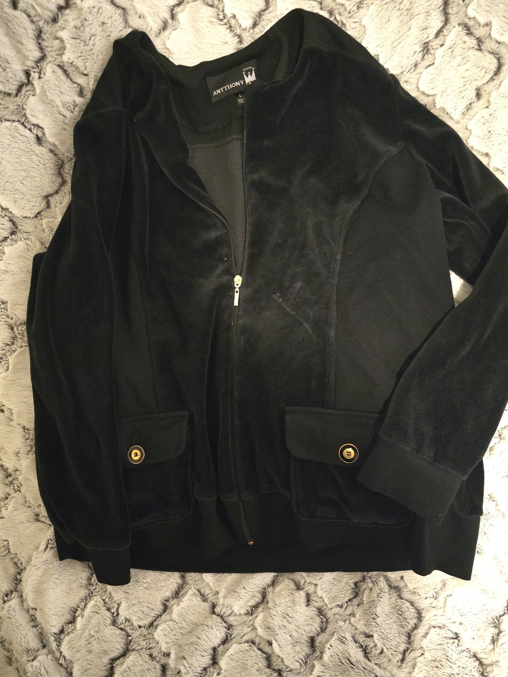 Original Antthony Black Velour Jacket with Gold Buttons Sz L EUC